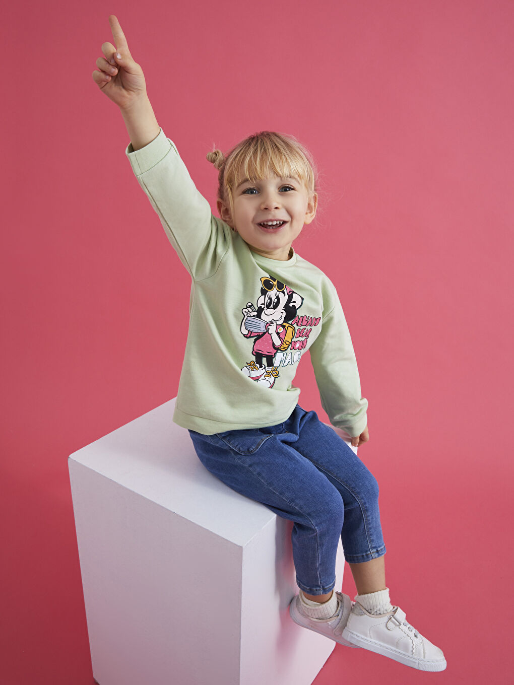 Yeşil Bisiklet Yaka Uzun Kollu Nostaljik Maymun Baskılı Kız Bebek Sweatshirt