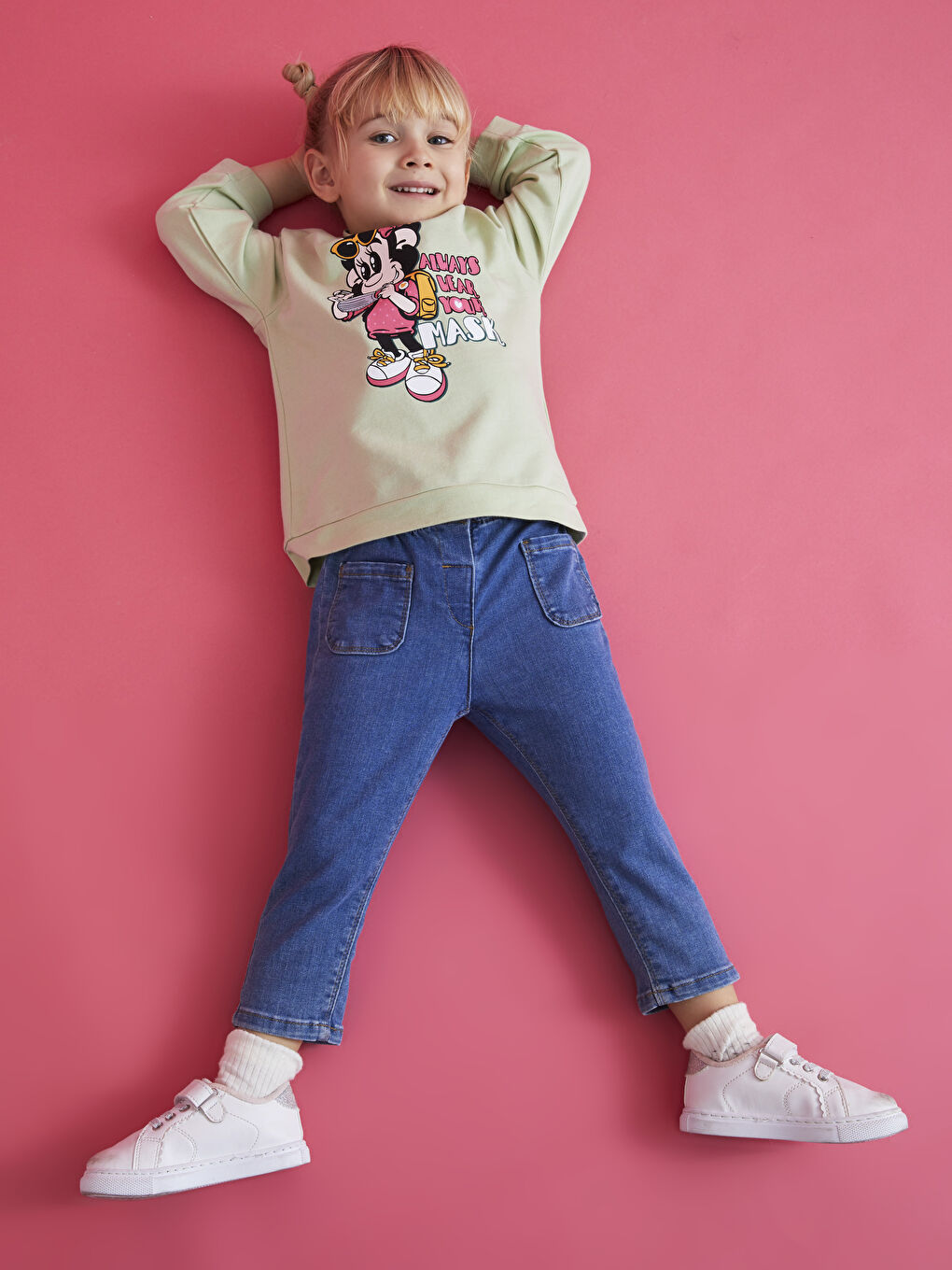 Yeşil Bisiklet Yaka Uzun Kollu Nostaljik Maymun Baskılı Kız Bebek Sweatshirt-1