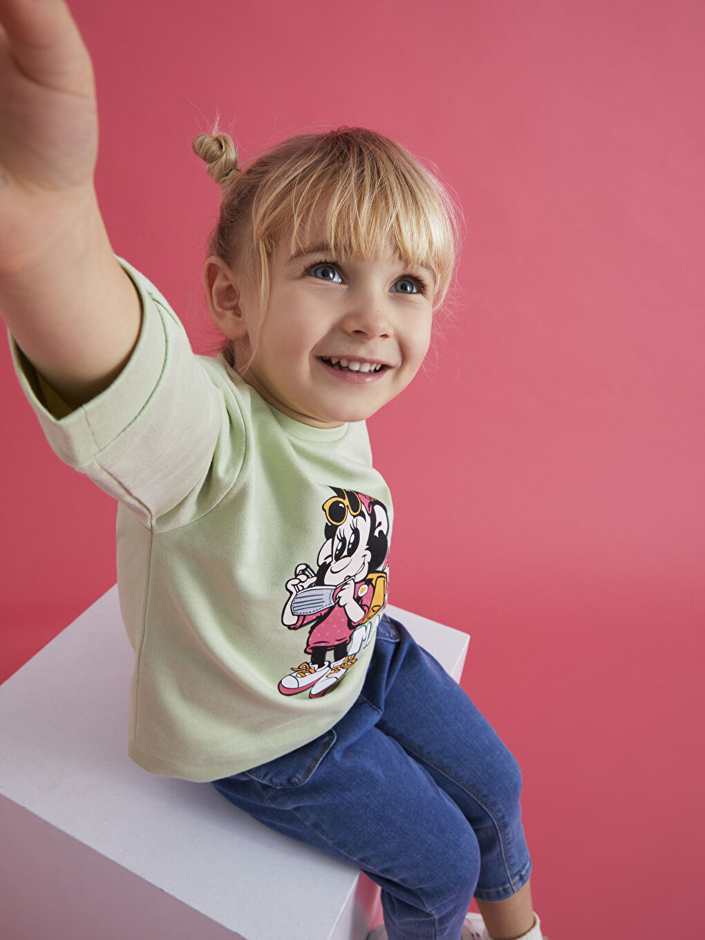 Yeşil Bisiklet Yaka Uzun Kollu Nostaljik Maymun Baskılı Kız Bebek Sweatshirt-2