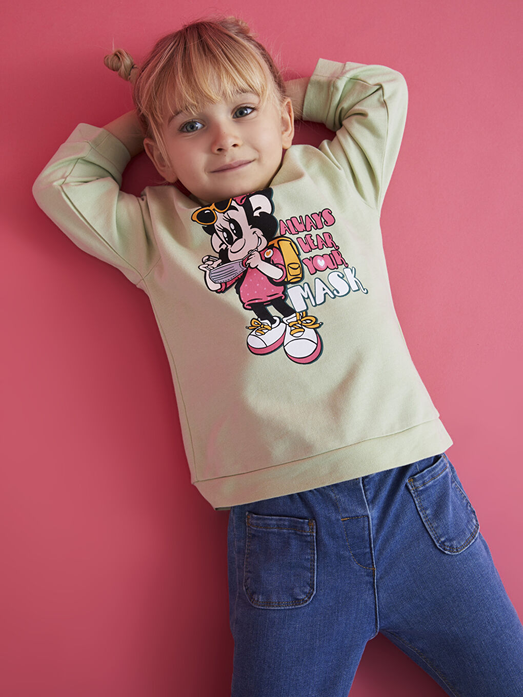 Yeşil Bisiklet Yaka Uzun Kollu Nostaljik Maymun Baskılı Kız Bebek Sweatshirt-3