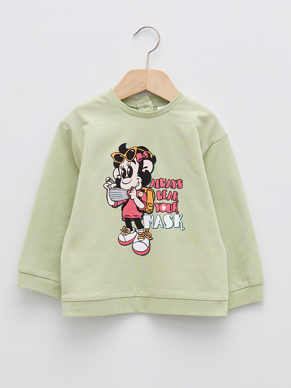 Yeşil Bisiklet Yaka Uzun Kollu Nostaljik Maymun Baskılı Kız Bebek Sweatshirt-4
