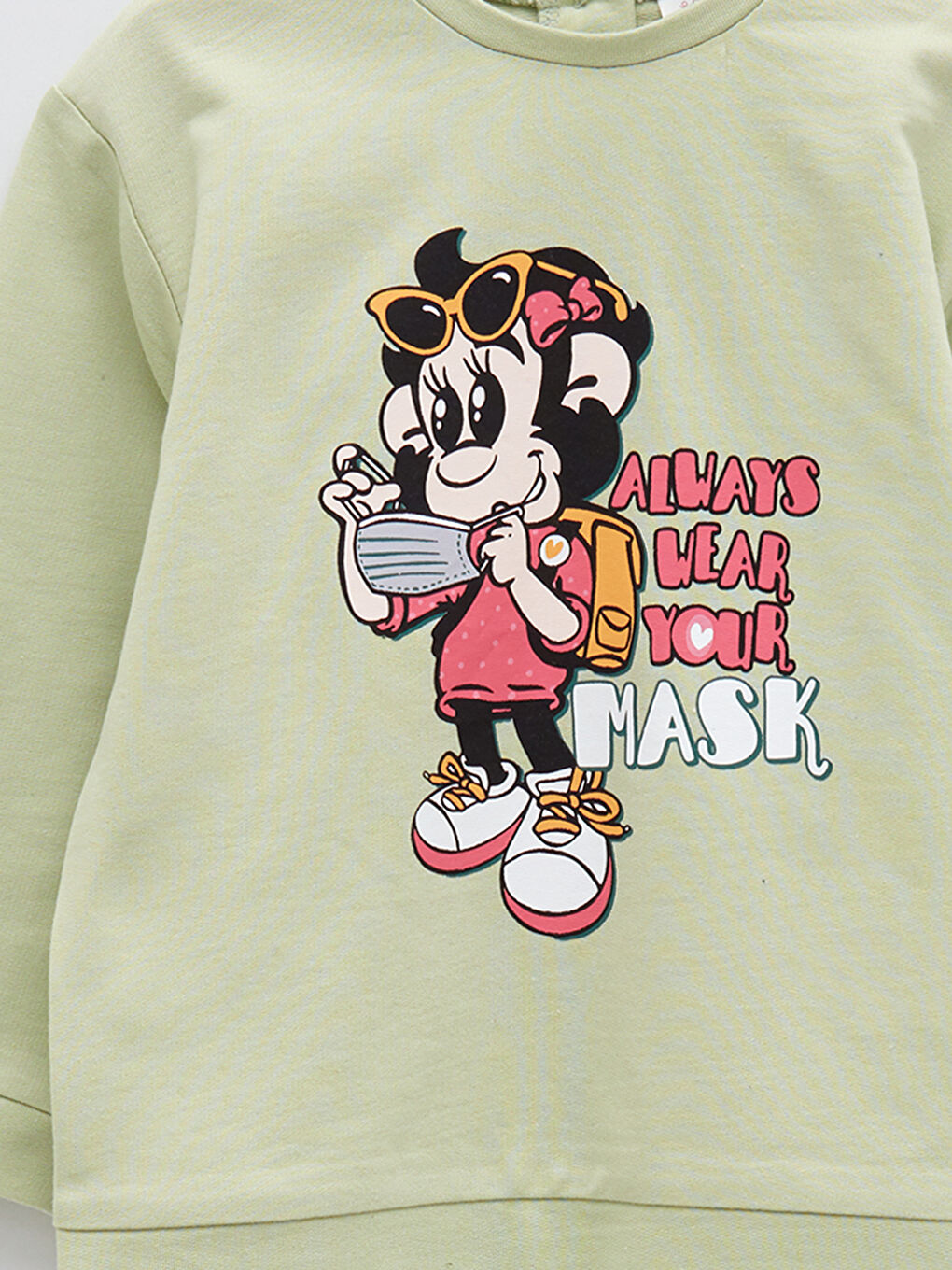 Yeşil Bisiklet Yaka Uzun Kollu Nostaljik Maymun Baskılı Kız Bebek Sweatshirt-6