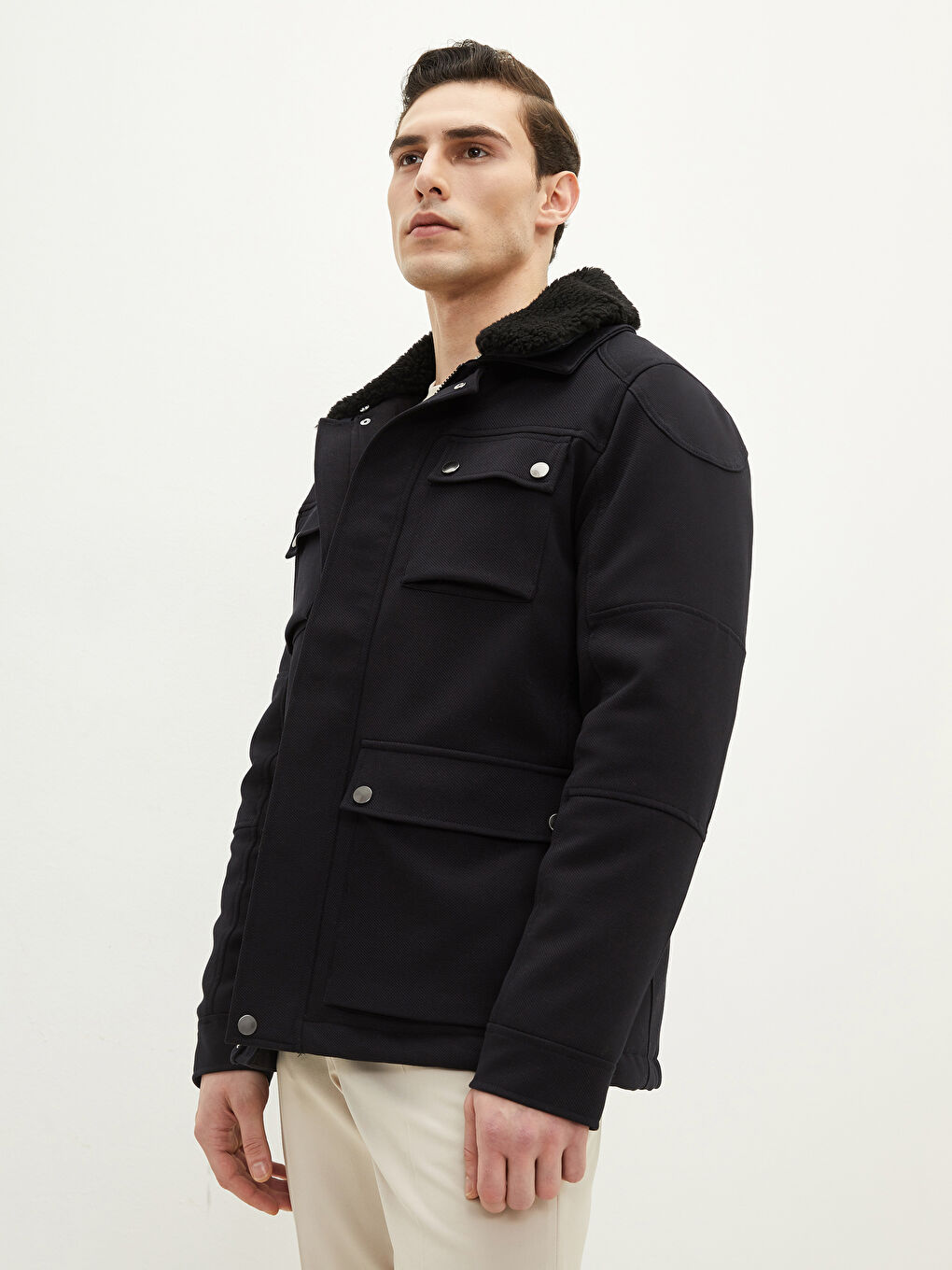 Slim Fit Fur Collar Men's Coat