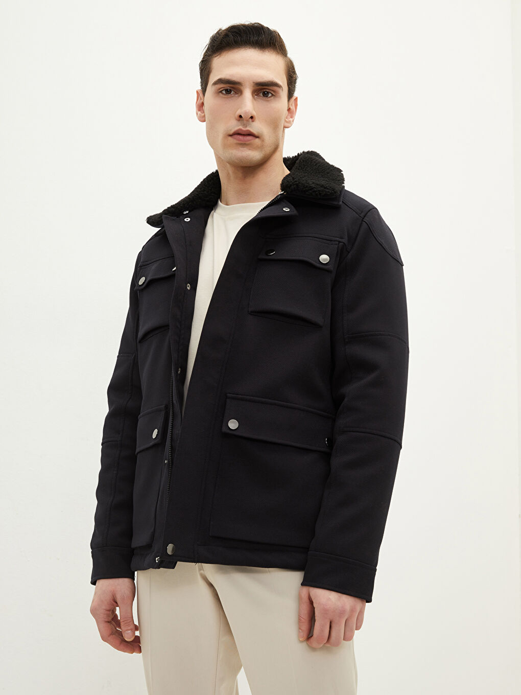 Slim Fit Fur Collar Men's Coat-1