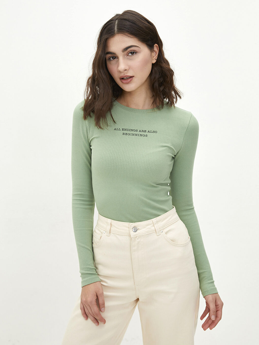 Yeşil Bisiklet Yaka Slogan Baskılı Uzun Kollu Kadın Tişört-1