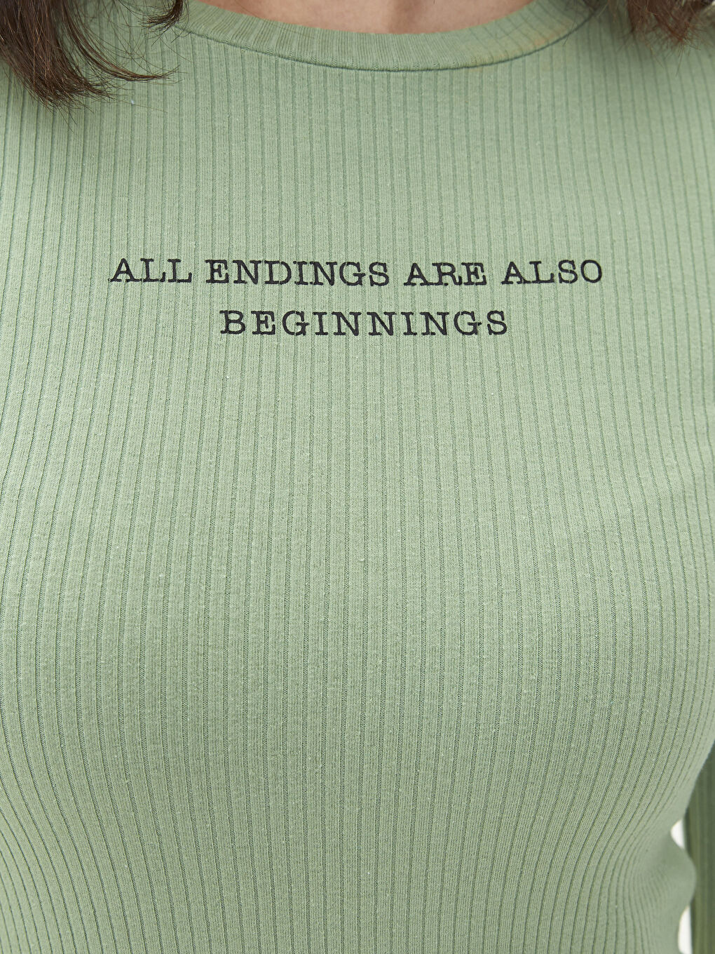 Yeşil Bisiklet Yaka Slogan Baskılı Uzun Kollu Kadın Tişört-3