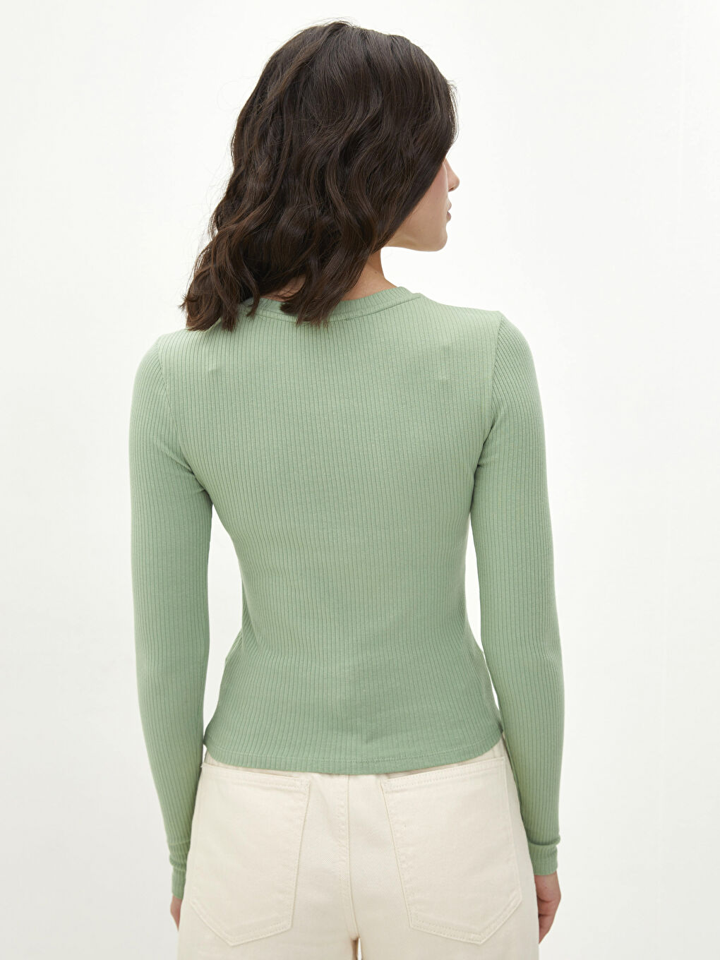 Yeşil Bisiklet Yaka Slogan Baskılı Uzun Kollu Kadın Tişört-4