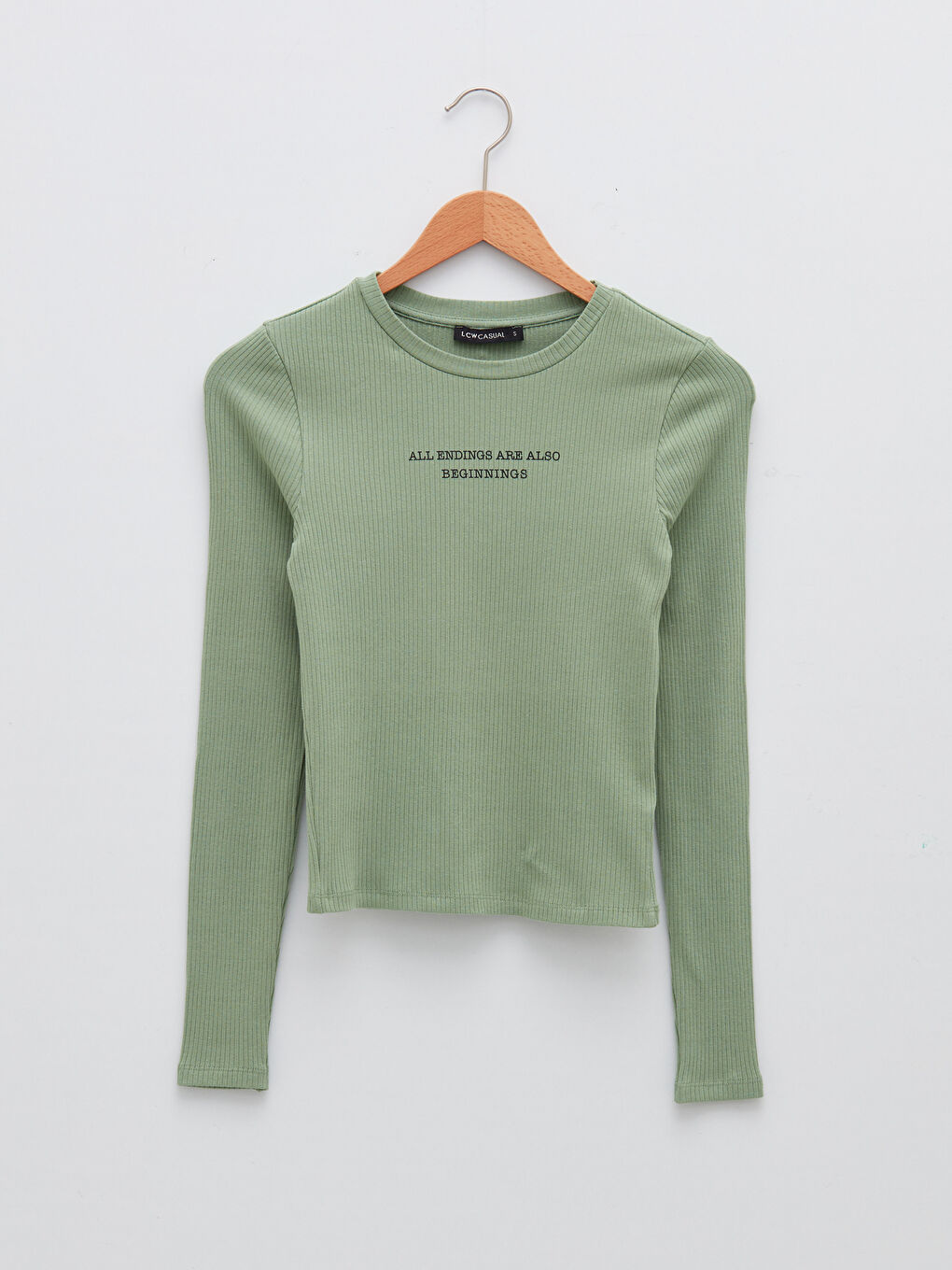 Yeşil Bisiklet Yaka Slogan Baskılı Uzun Kollu Kadın Tişört-5