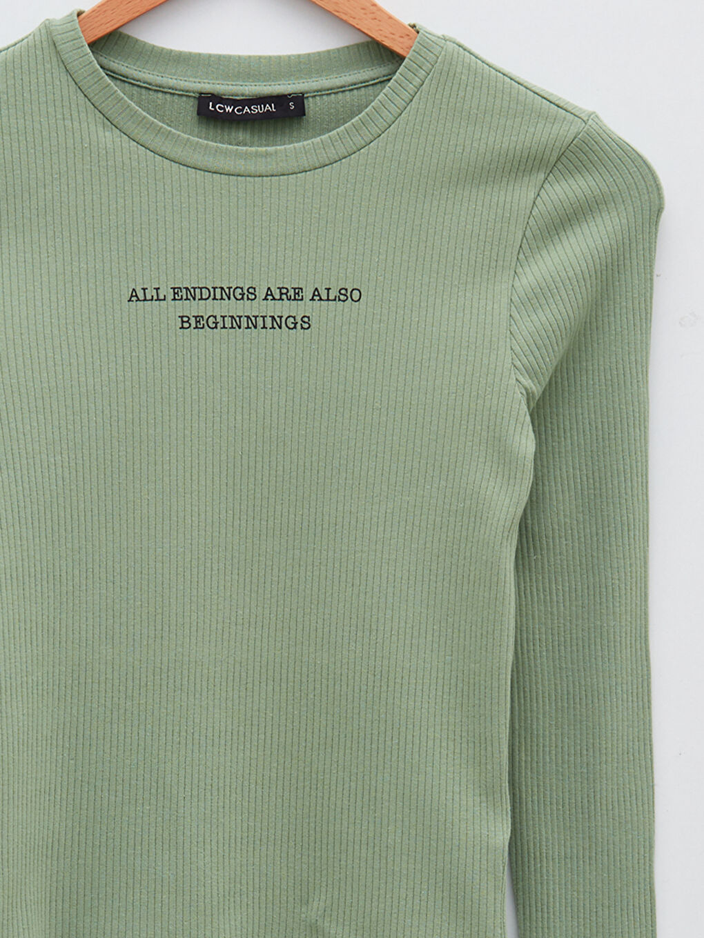 Yeşil Bisiklet Yaka Slogan Baskılı Uzun Kollu Kadın Tişört-7