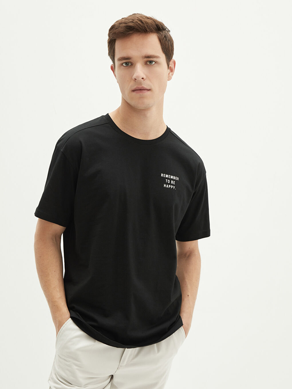 Siyah Oversize Bisiklet Yaka Kısa Kollu Baskılı Penye Erkek Tişört-1