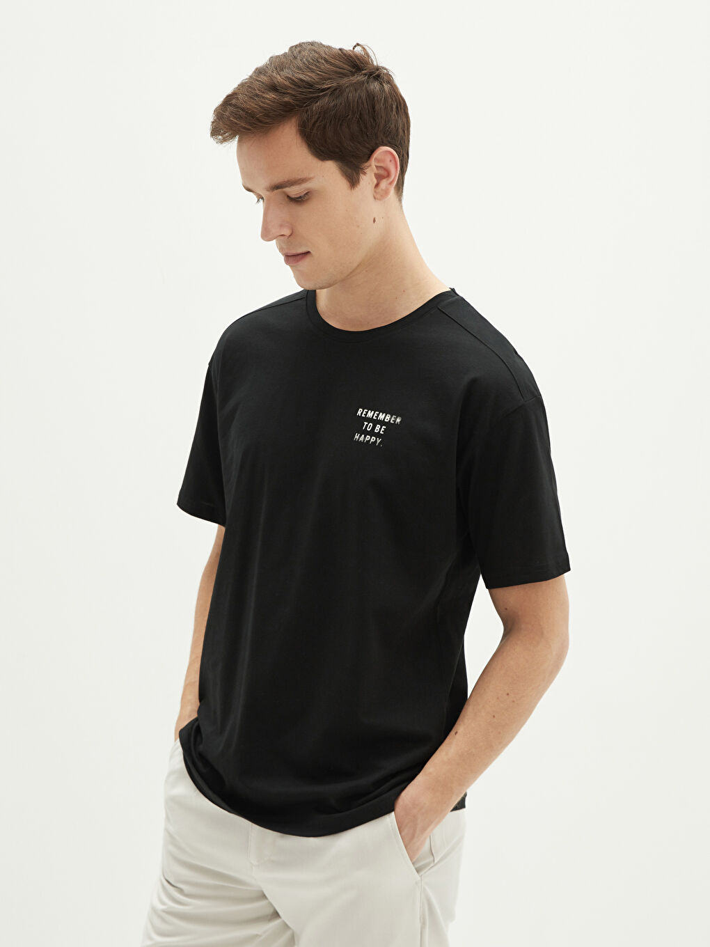 Siyah Oversize Bisiklet Yaka Kısa Kollu Baskılı Penye Erkek Tişört-2