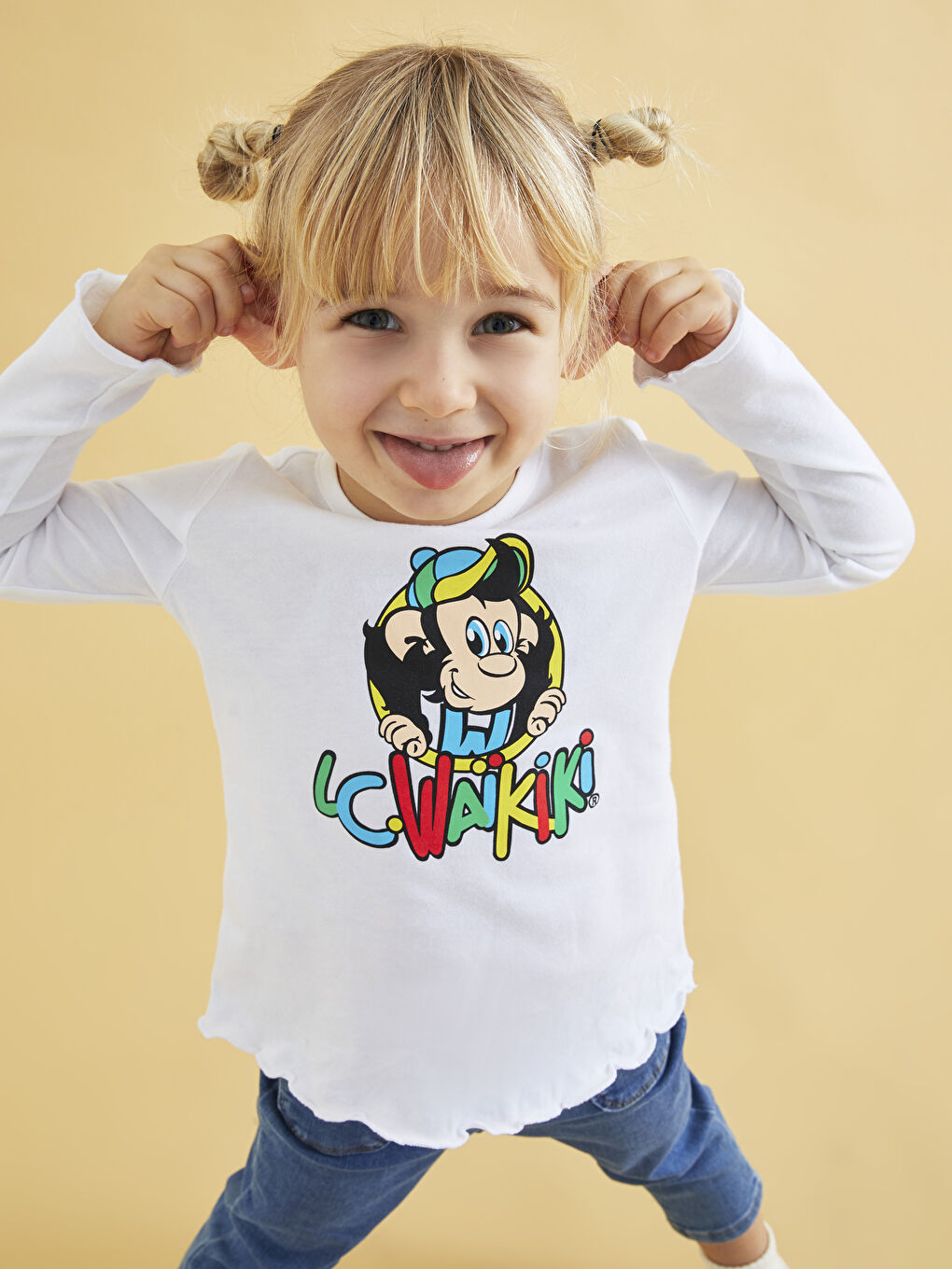 Ekru Bisiklet Yaka Uzun Kollu Nostaljik Maymun Baskılı Kız Bebek Tişört-2