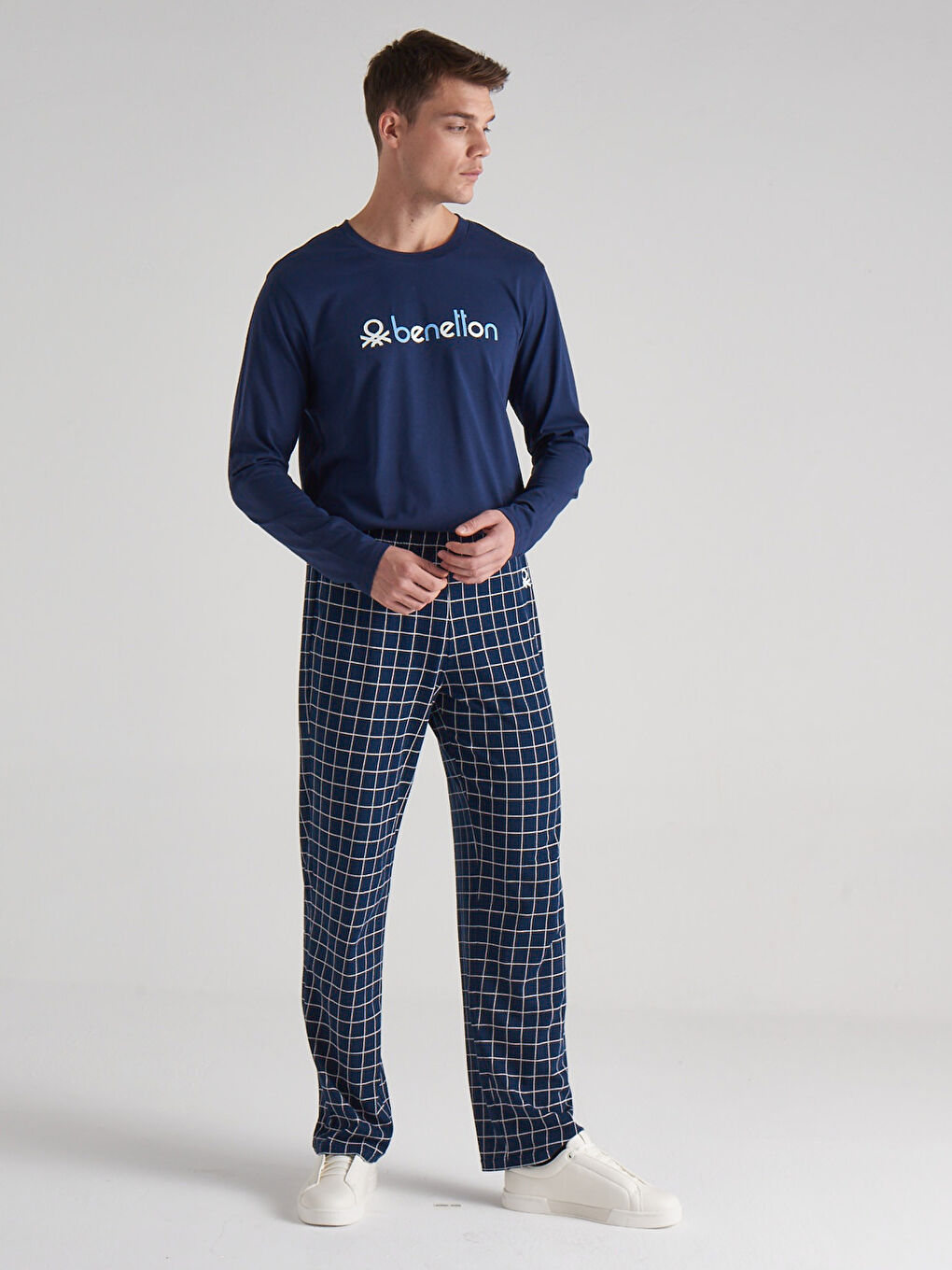 Mavi Bisiklet Yaka Baskılı Uzun Kollu Erkek Pijama Takım-2