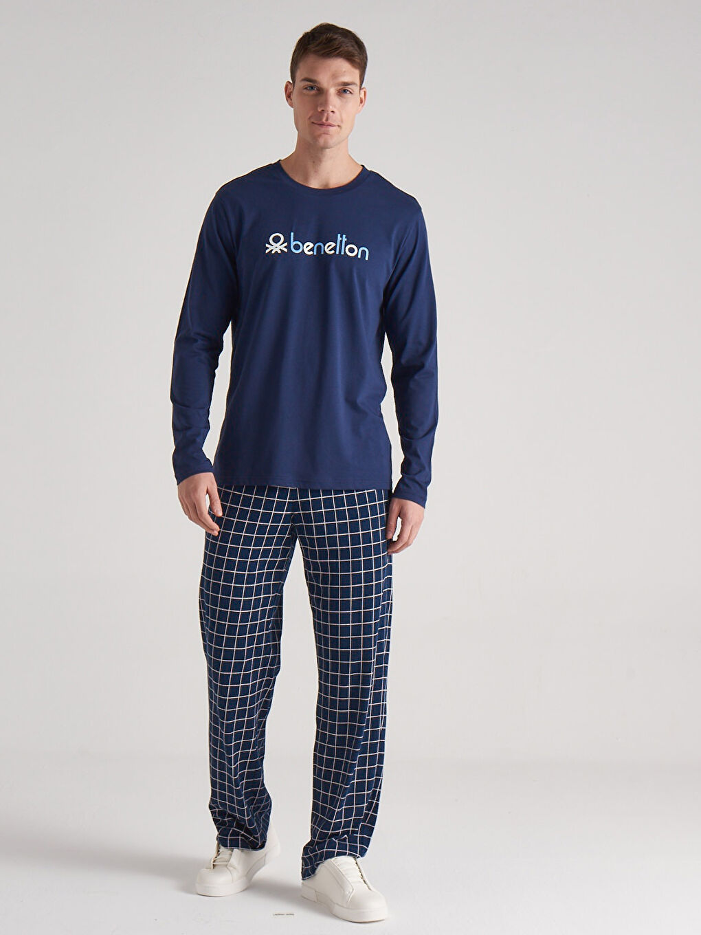 Mavi Bisiklet Yaka Baskılı Uzun Kollu Erkek Pijama Takım