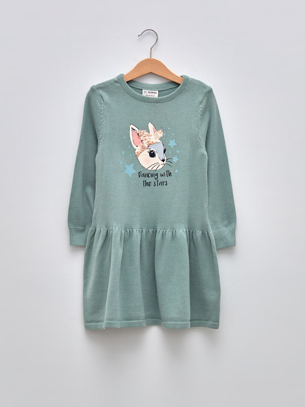 Yeşil Bisiklet Yaka Baskılı Çift Yönlü Payetli Uzun Kollu Kız Çocuk Triko Elbise-2