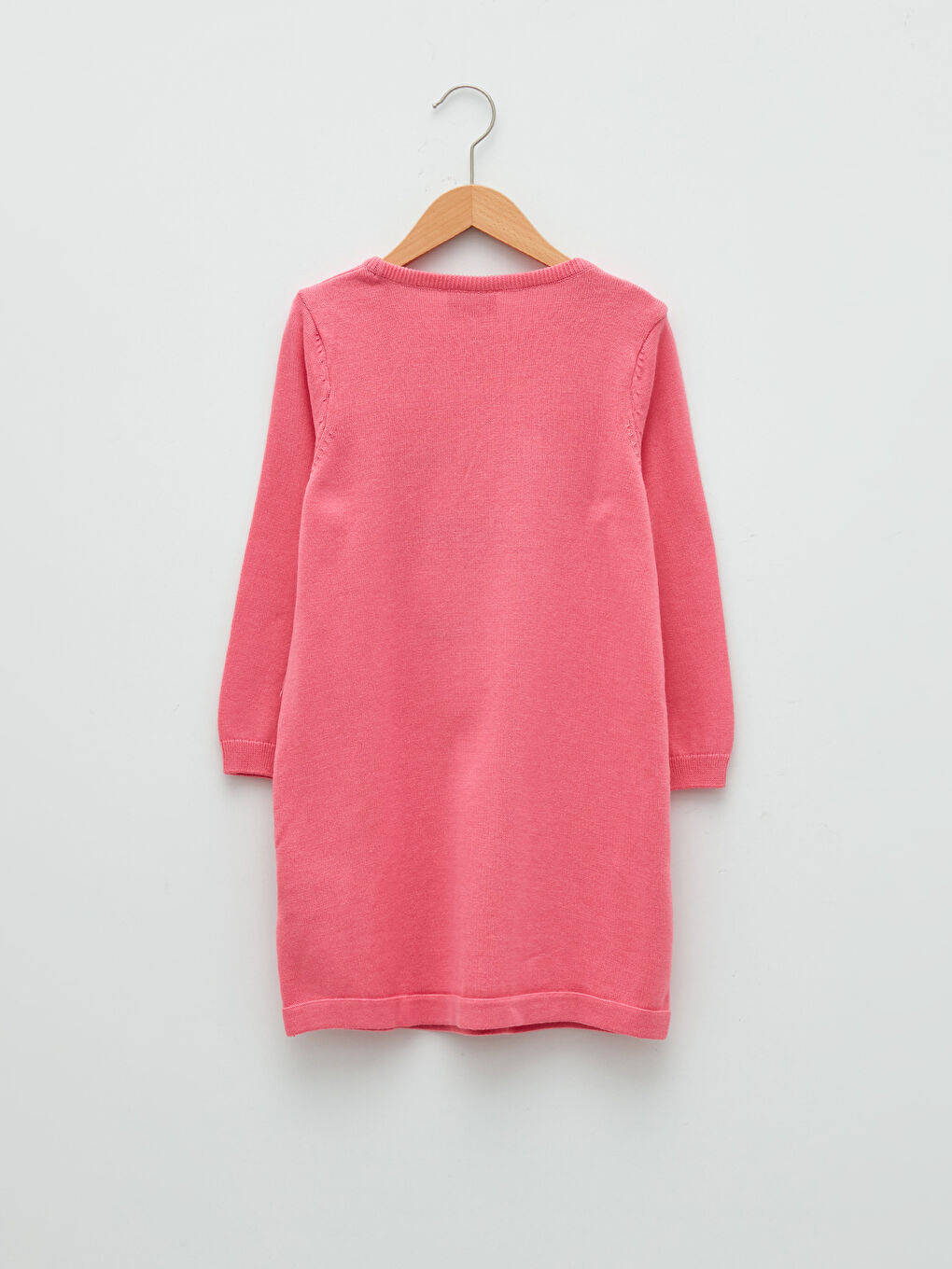 Pembe Bisiklet Yaka Desenli Uzun Kollu Kız Çocuk Triko Elbise-1