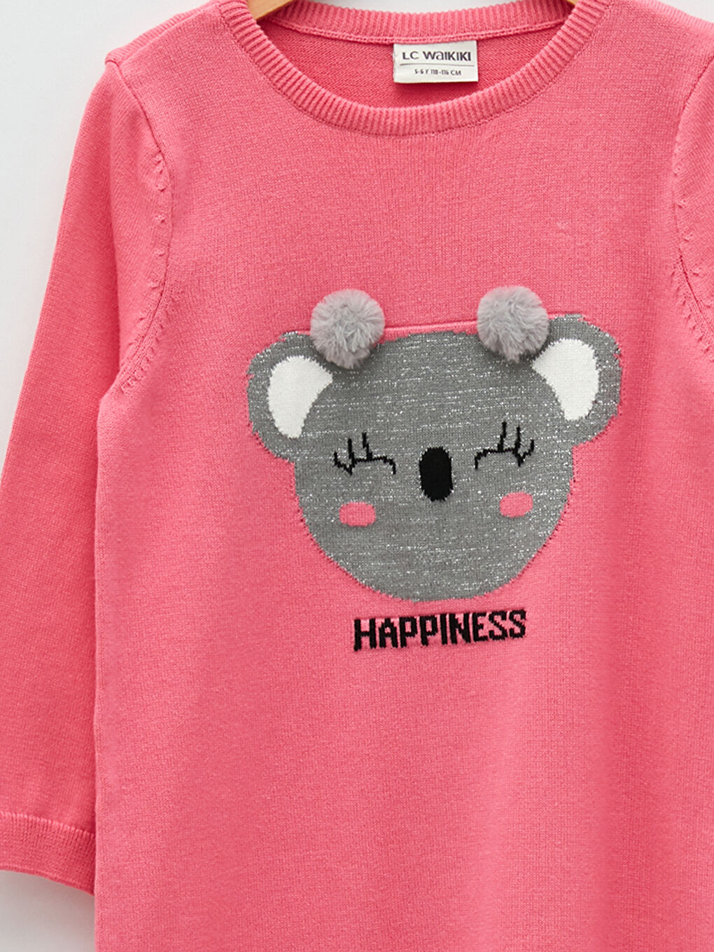 Pembe Bisiklet Yaka Desenli Uzun Kollu Kız Çocuk Triko Elbise-2