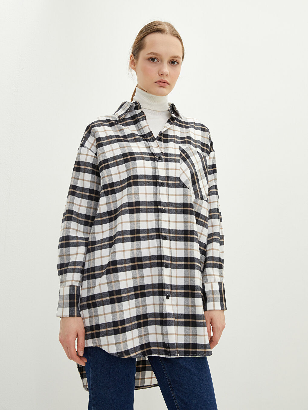 Bej Ekose Uzun Kollu Gabardin Kadın Gömlek Tunik