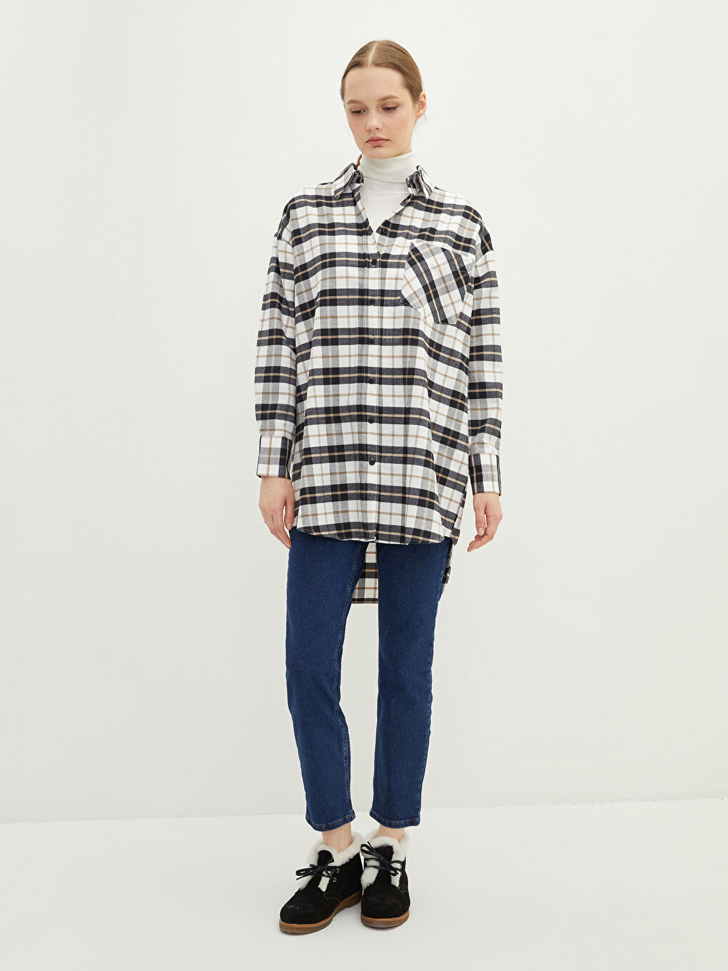 Bej Ekose Uzun Kollu Gabardin Kadın Gömlek Tunik-1