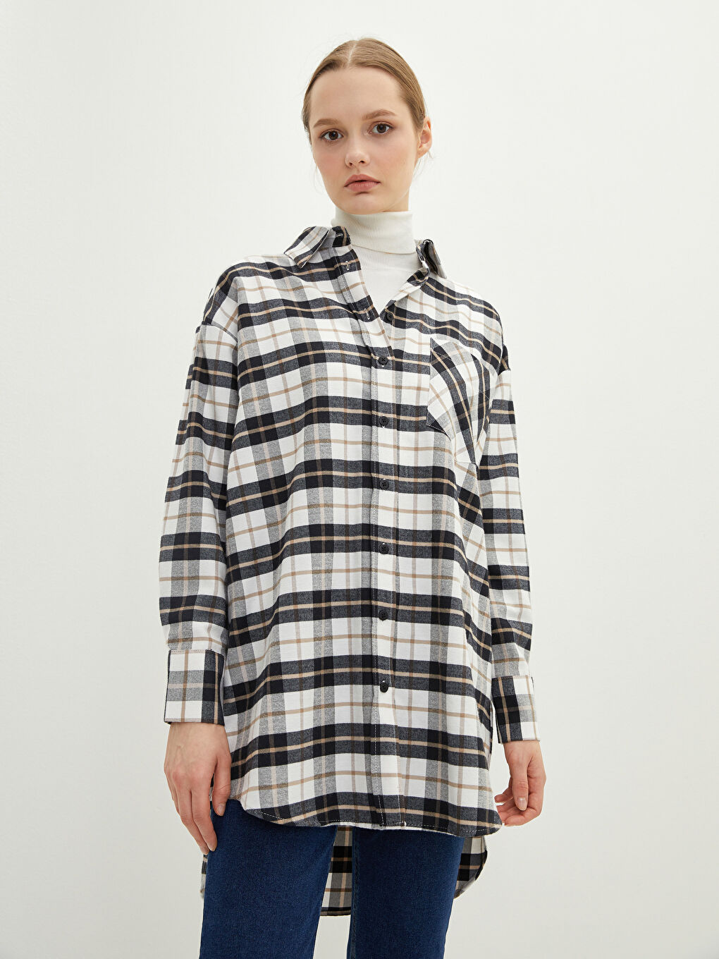 Bej Ekose Uzun Kollu Gabardin Kadın Gömlek Tunik-2