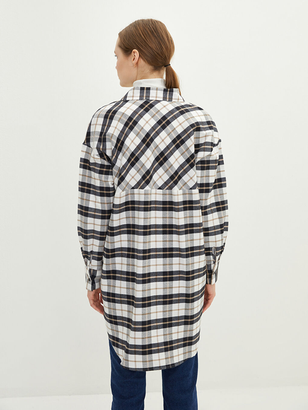 Bej Ekose Uzun Kollu Gabardin Kadın Gömlek Tunik-4