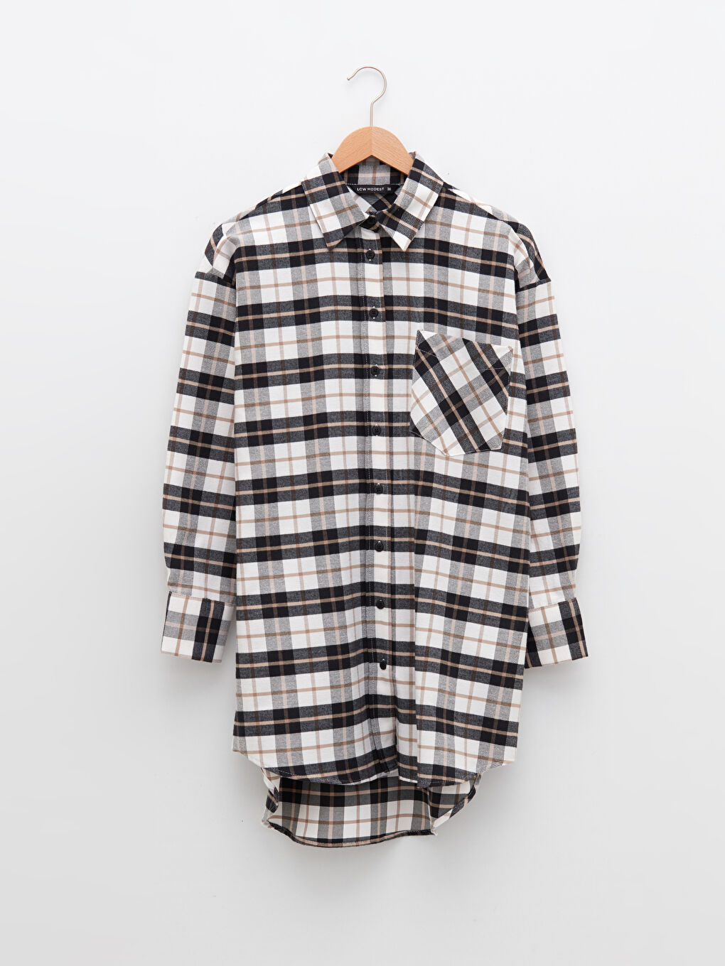 Bej Ekose Uzun Kollu Gabardin Kadın Gömlek Tunik-5