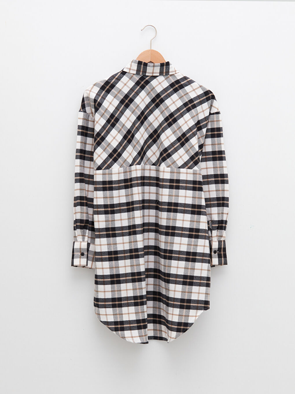 Bej Ekose Uzun Kollu Gabardin Kadın Gömlek Tunik-6