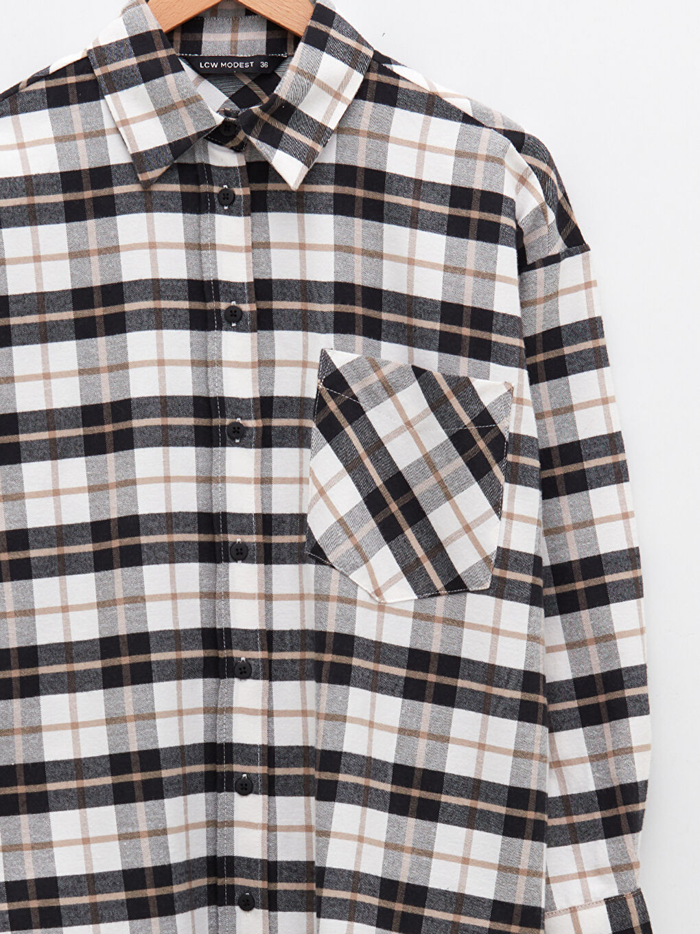 Bej Ekose Uzun Kollu Gabardin Kadın Gömlek Tunik-7