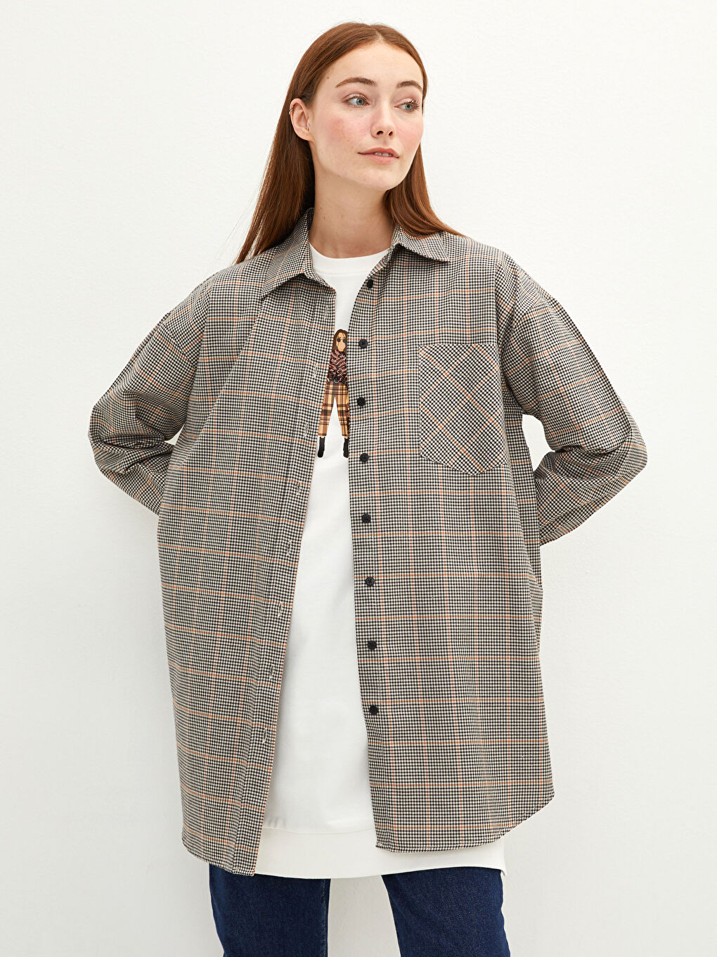 Plaid Long Sleeve Gabardine Women's Shirt Tunic-1