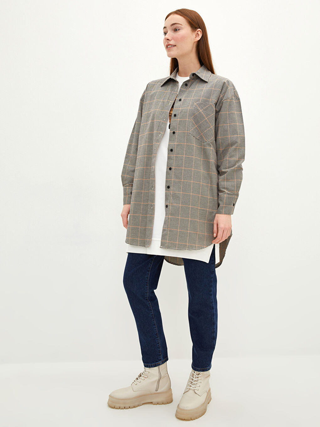 Plaid Long Sleeve Gabardine Women's Shirt Tunic-2