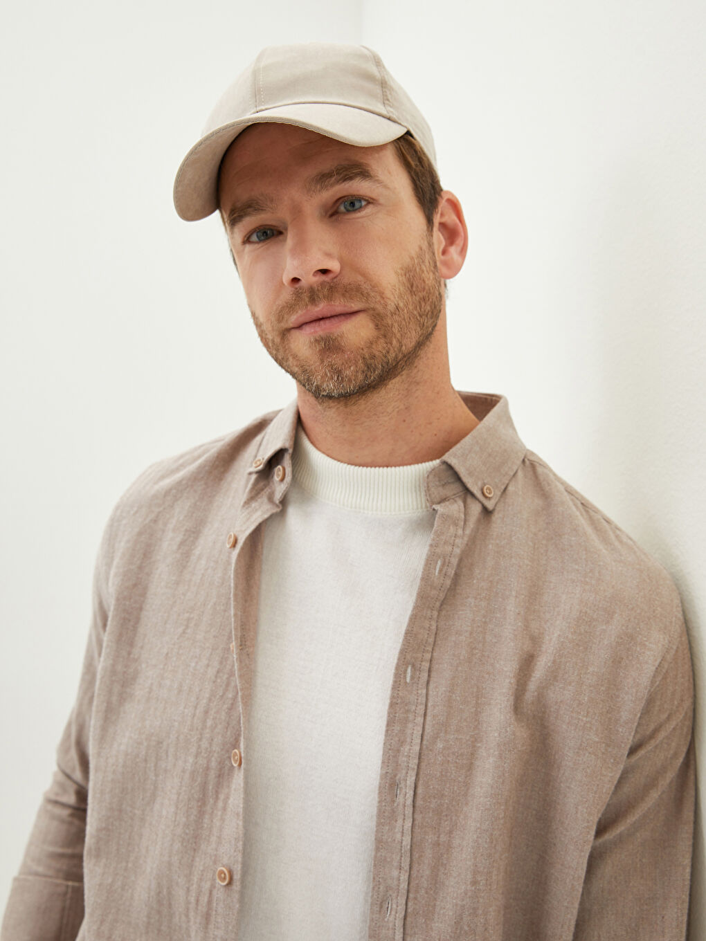 Bej Slim Fit Uzun Kollu Erkek Gömlek-1