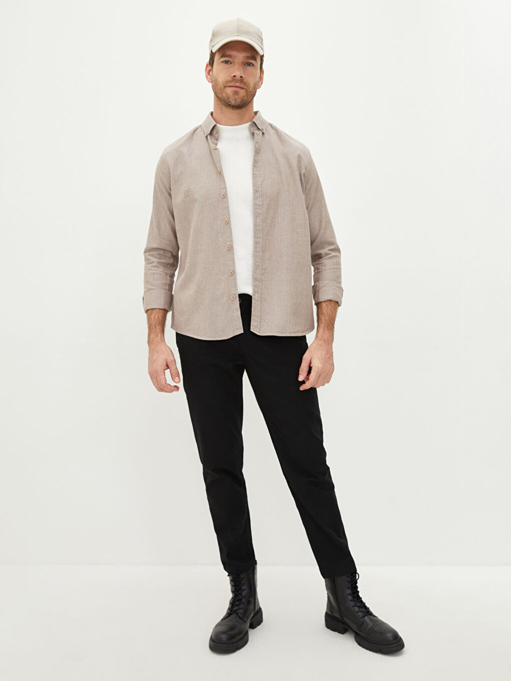 Bej Slim Fit Uzun Kollu Erkek Gömlek-2