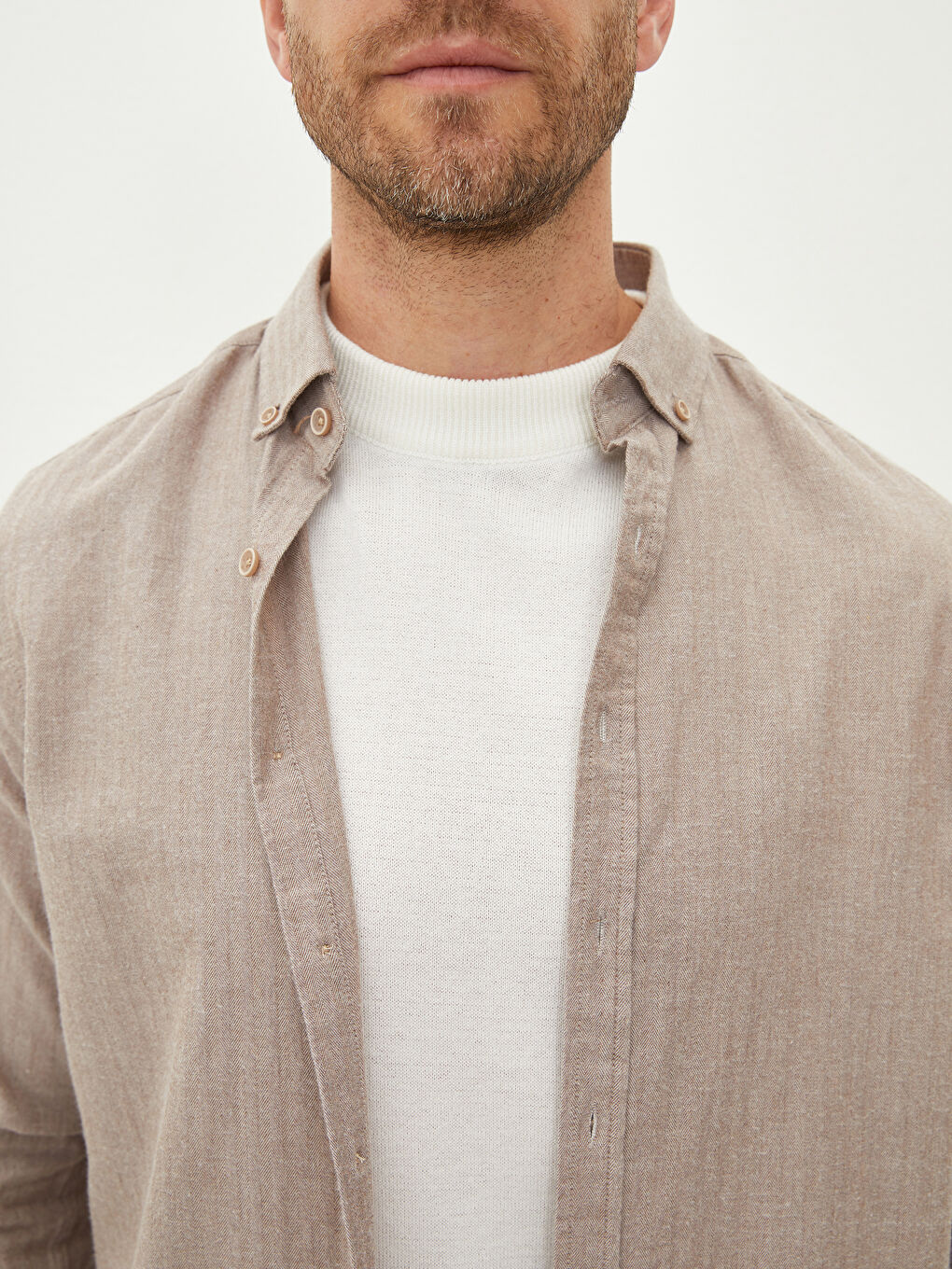 Bej Slim Fit Uzun Kollu Erkek Gömlek-3