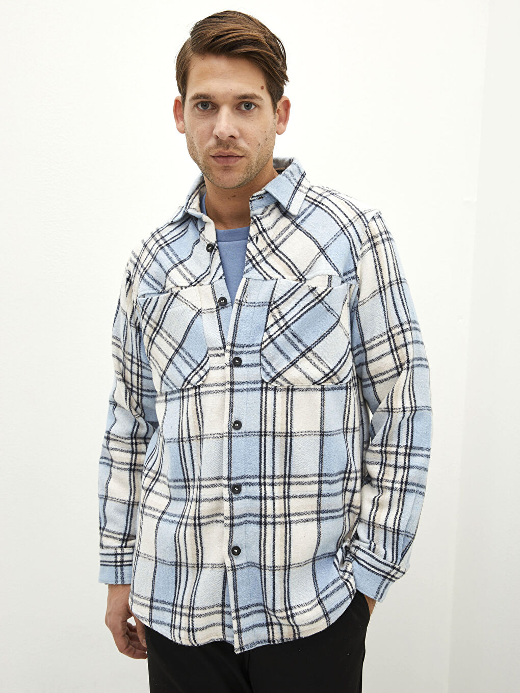 Opušteni kroj dugi rukav karirana muška flanel košulja jakna-1