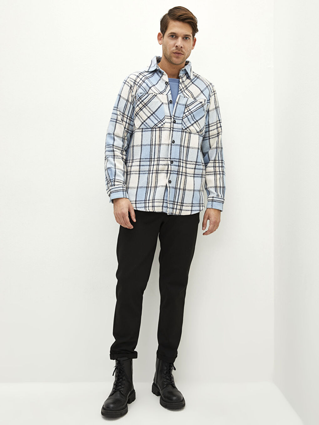 Opušteni kroj dugi rukav karirana muška flanel košulja jakna-2