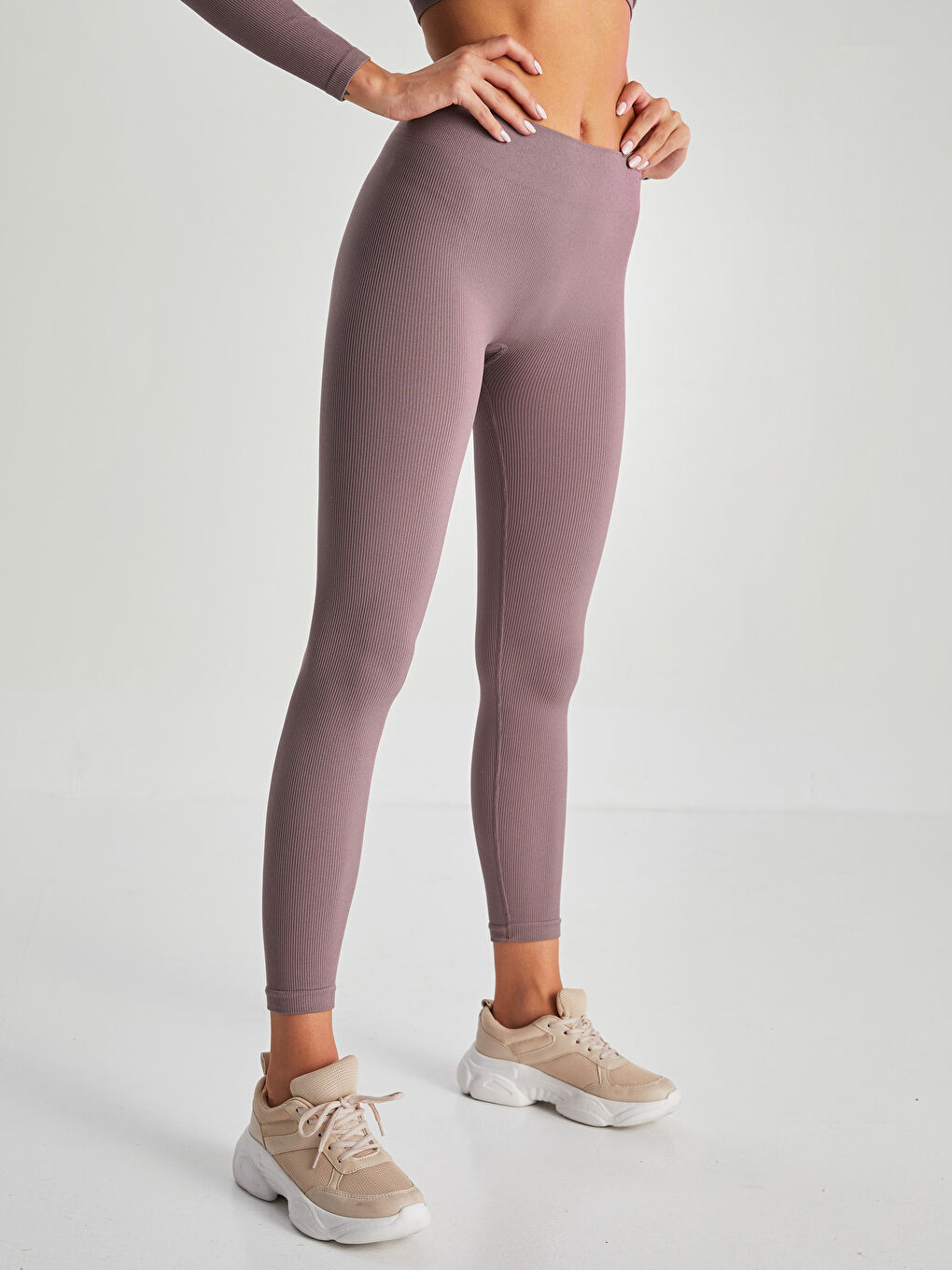 Kahverengi Beli Lastikli Düz Dikişsiz Kadın Outdoor Tayt-3