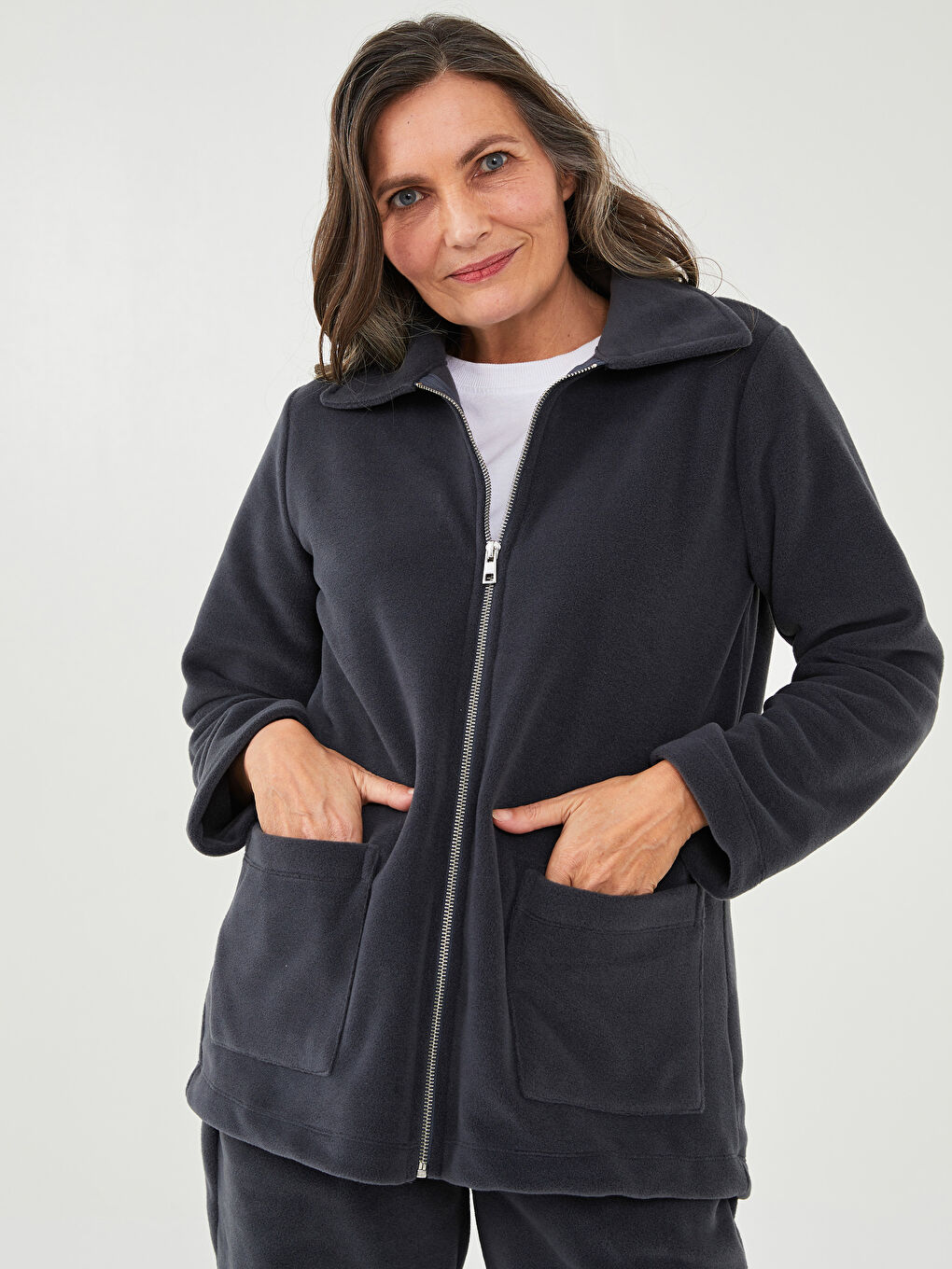 Polo Neck Solid Long Sleeve Fleece Women's Sports Cardigan -W1KY39Z8-R34