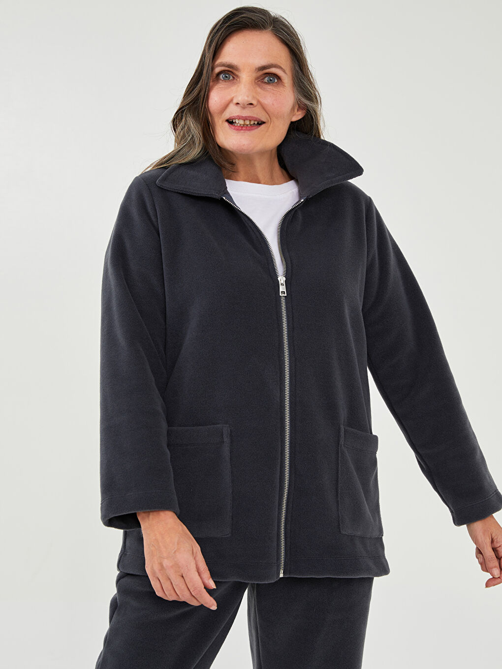 Polo Neck Solid Long Sleeve Fleece Women's Sports Cardigan -W1KY39Z8-R34