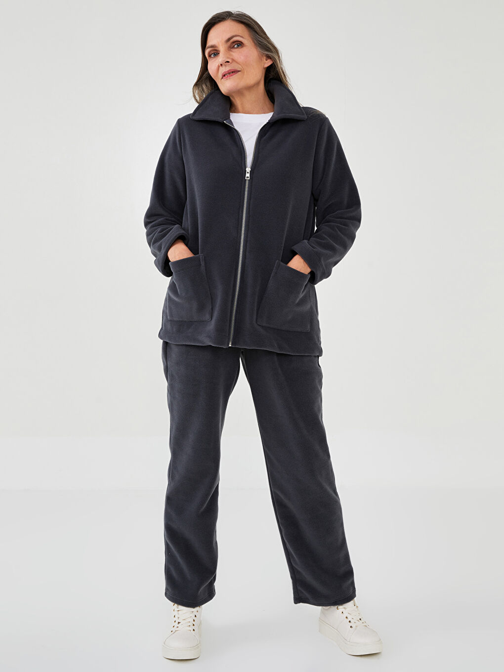 Polo Neck Solid Long Sleeve Fleece Women's Sports Cardigan -W1KY39Z8-R34