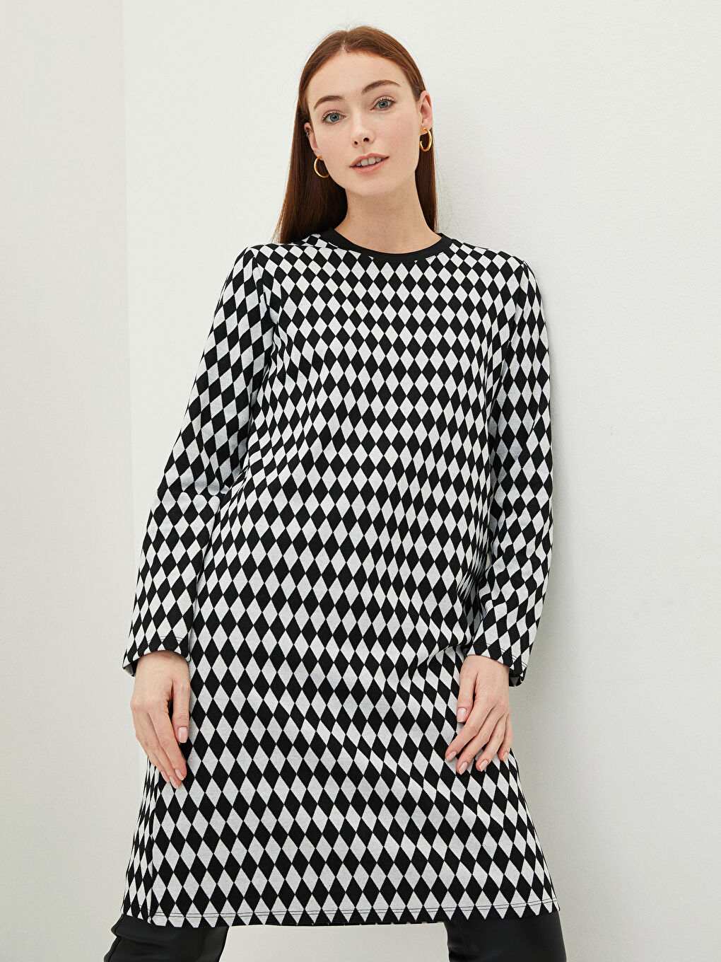 Karışık Bisiklet Yaka Ekose Uzun Kollu Kadın Tunik