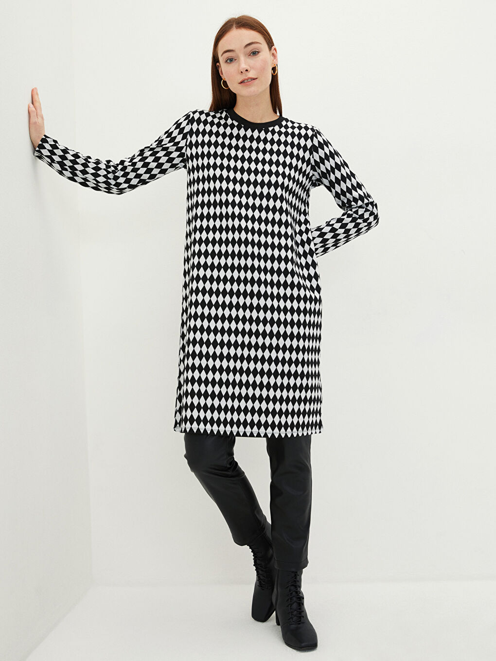 Karışık Bisiklet Yaka Ekose Uzun Kollu Kadın Tunik-1