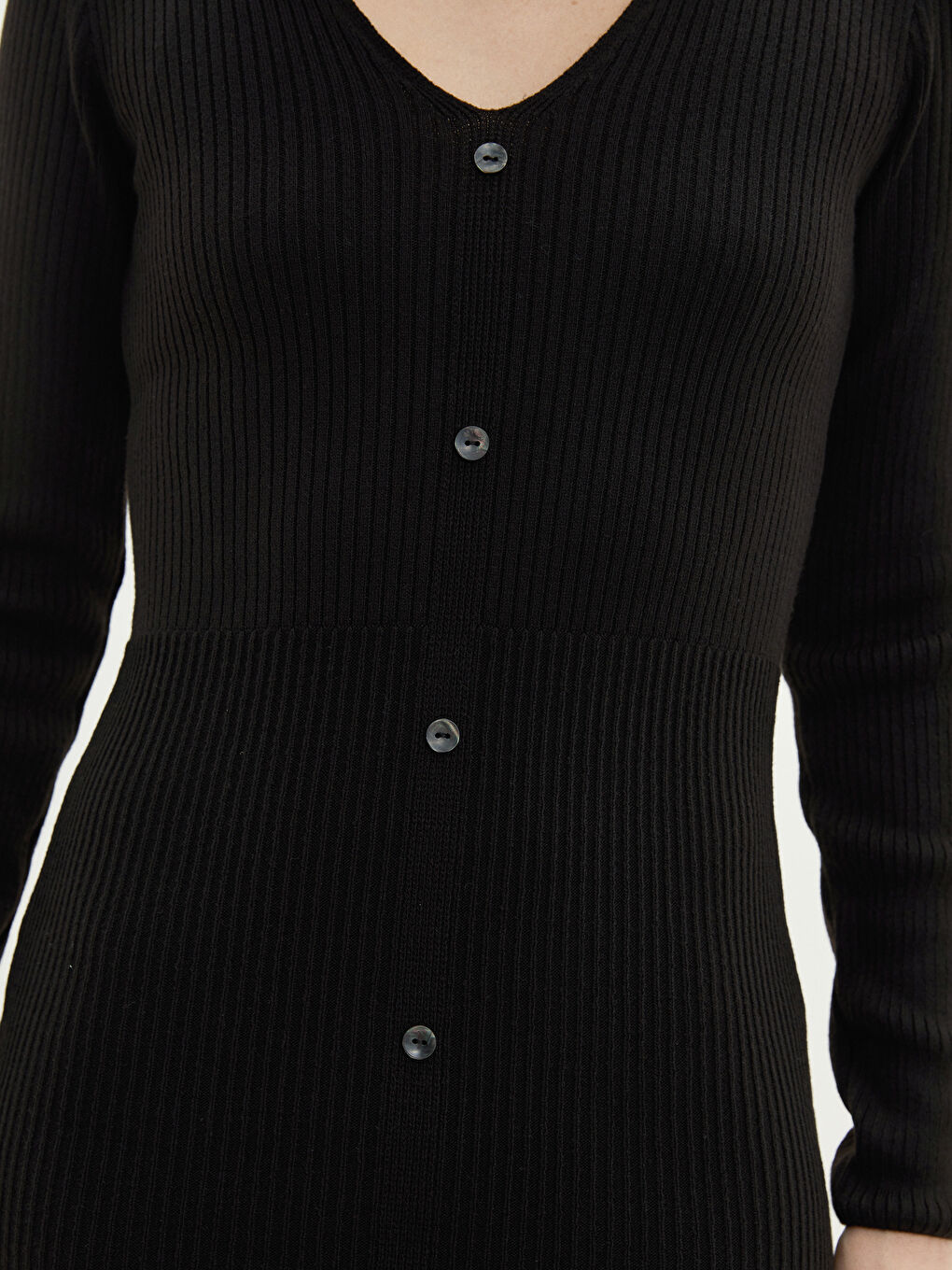 Siyah V Yaka Düz Uzun Kollu Kadın Triko Elbise-3