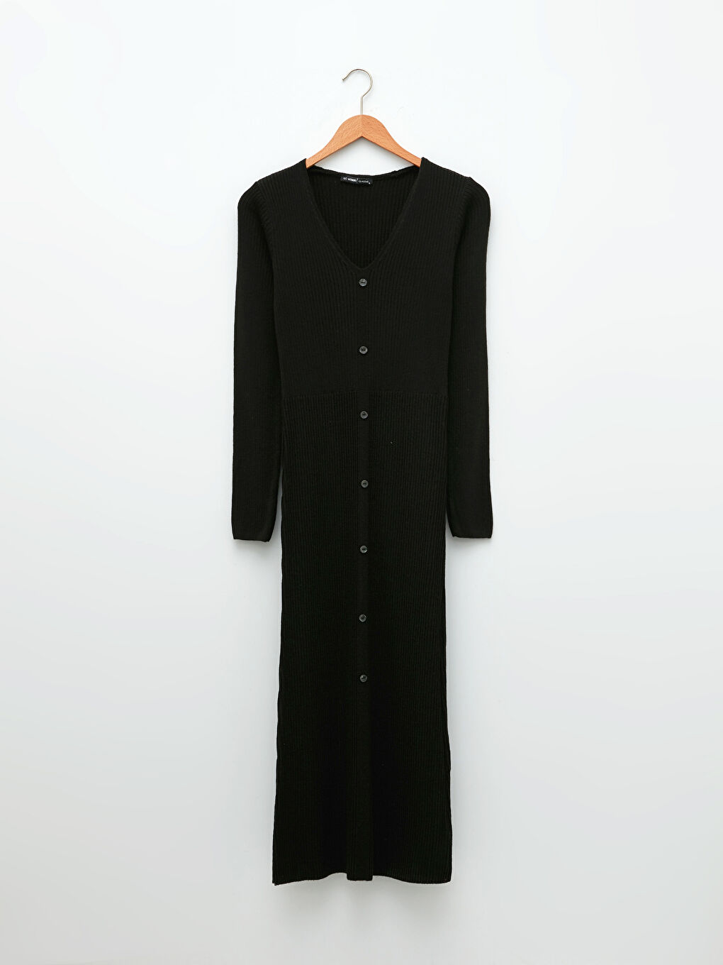 Siyah V Yaka Düz Uzun Kollu Kadın Triko Elbise-5