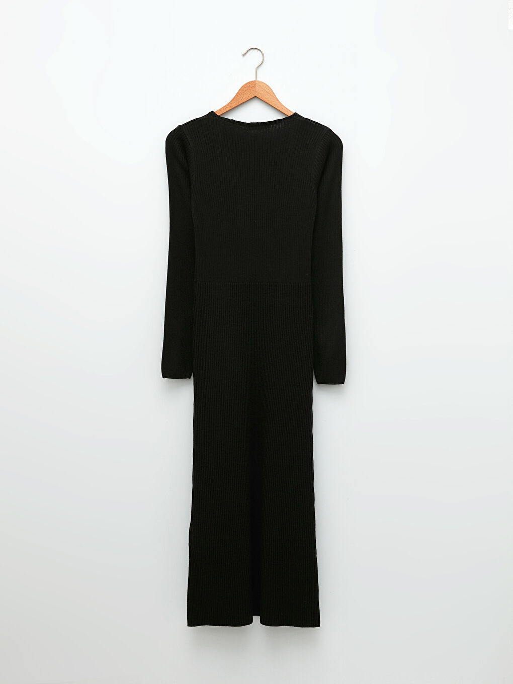 Siyah V Yaka Düz Uzun Kollu Kadın Triko Elbise-6