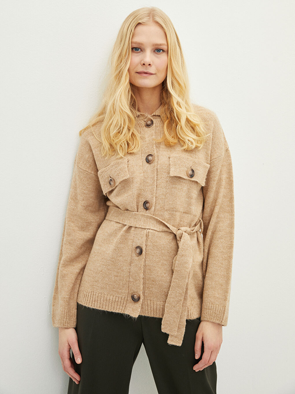 Collared Neck Plain Long Sleeve Women's Knitwear Cardigan-1
