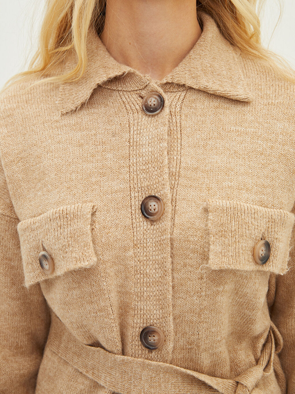 Collared Neck Plain Long Sleeve Women's Knitwear Cardigan-3