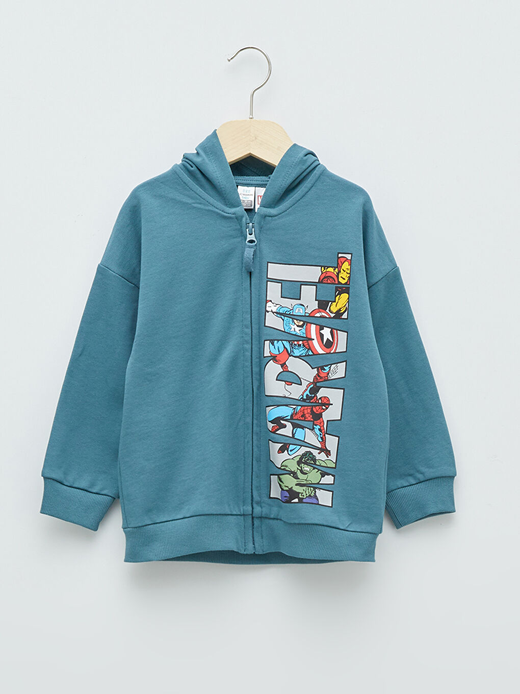 LCW baby Petrol Kapüşonlu Uzun Kollu Marvel Baskılı Erkek Bebek Fermuarlı Sweatshirt