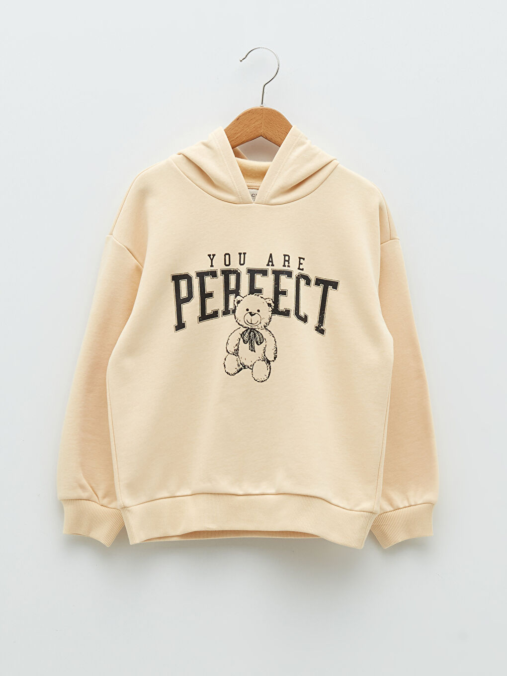 Bej Kapüşonlu Baskılı Uzun Kollu Kız Çocuk Sweatshirt-3