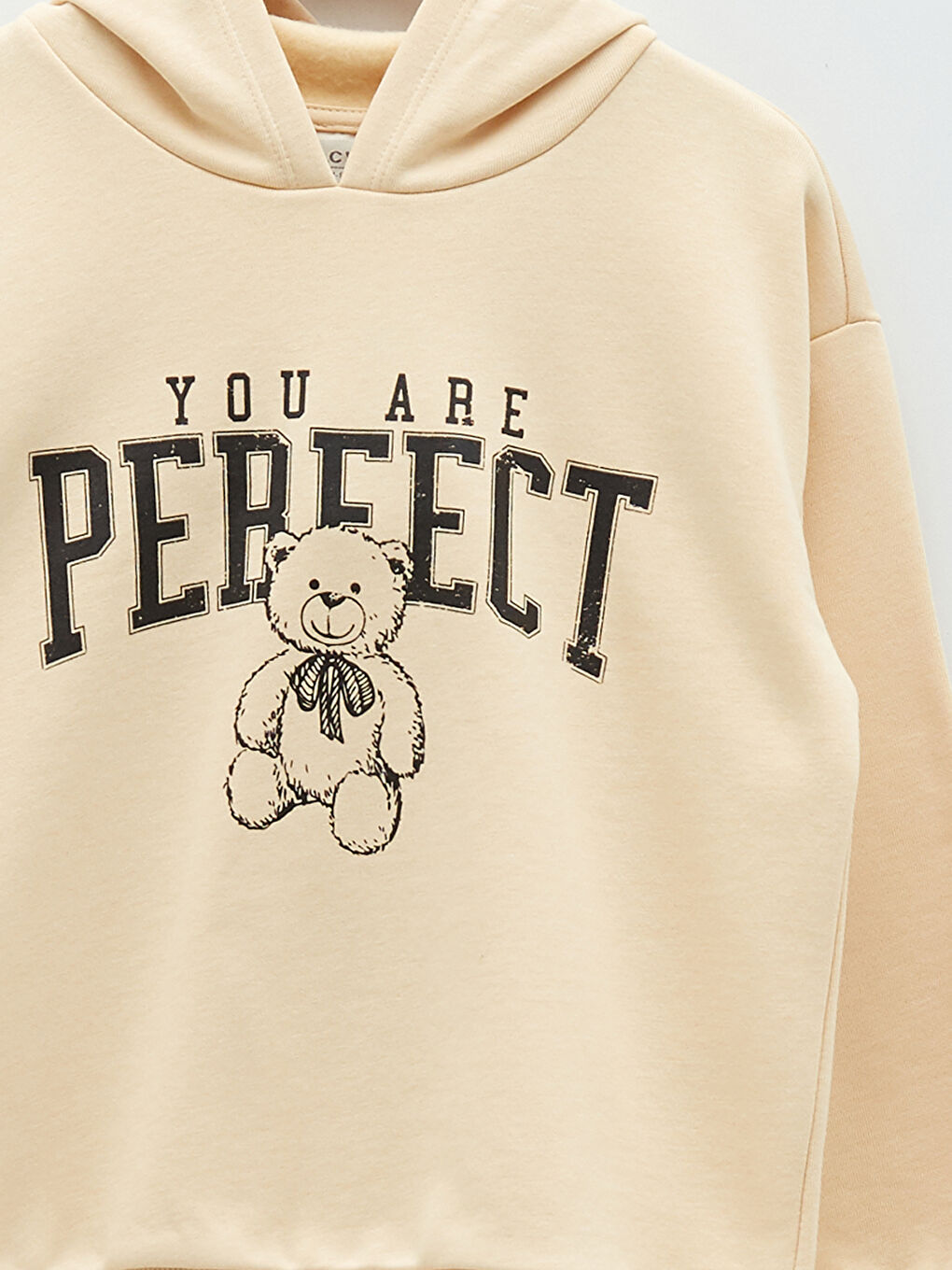 Bej Kapüşonlu Baskılı Uzun Kollu Kız Çocuk Sweatshirt-5