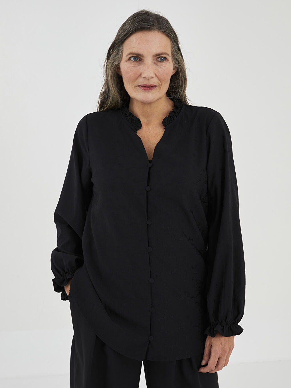 Notch Neck Plain Long Sleeve Women's Shirt -W1L001Z8-MHS
